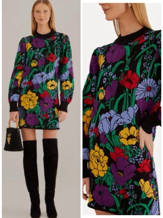 FARM Rio Dresses & Skirts - FARM RIO Black Bucolic Garden Mini Sweater Dress SZ XS
